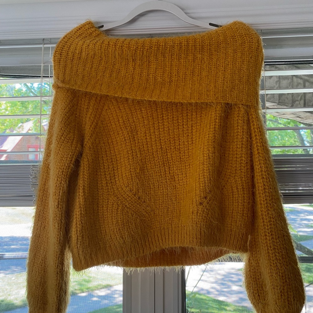 off the shoulder mustard / orange sweater